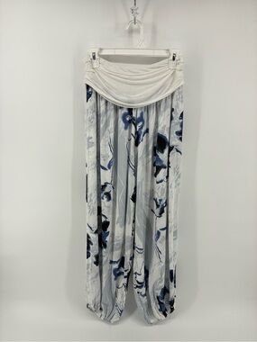 White & Blue Floral Pants with Draped Foldover Rawhem Waistband